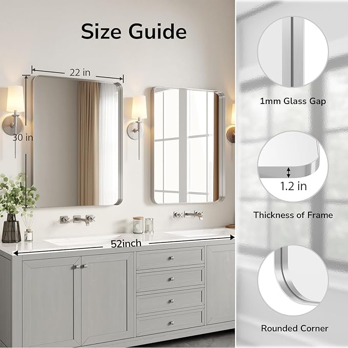 USHOWER Brushed Nickel Bathroom Mirrors 22"x30" 2 Pack, Silver Rectangle Mirrors for Over Sink, Rounded Corner, Aluminum Frame, Anti-Rust, Tempered Glass, Horizontal or Vertical Mounted