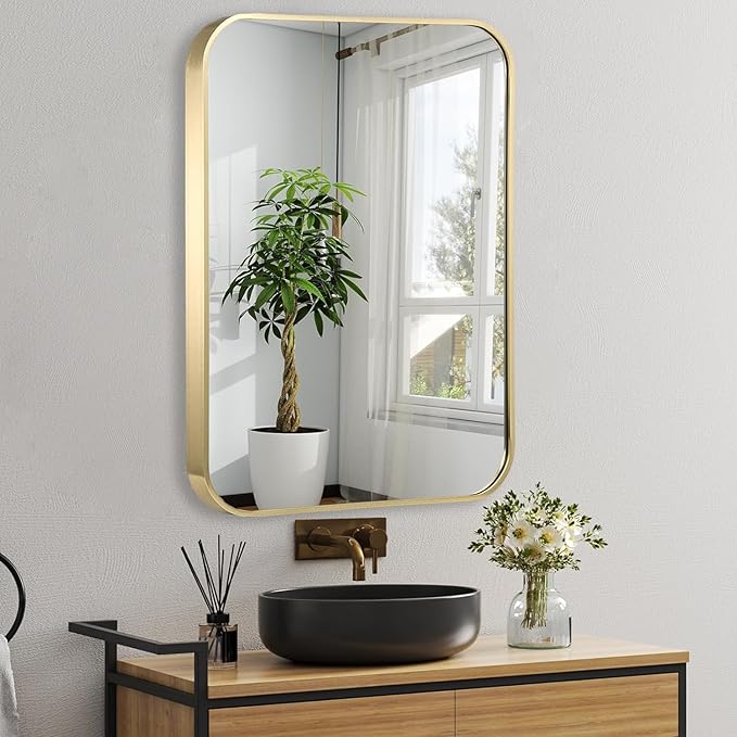 30x36 Inch Gold Bathroom Mirror, Brushed Gold Metal Framed Rectangular Mirror with Rounded Corner, Bathroom Vanity Mirror for Bedroom or Living Room, Horizontal/Vertical