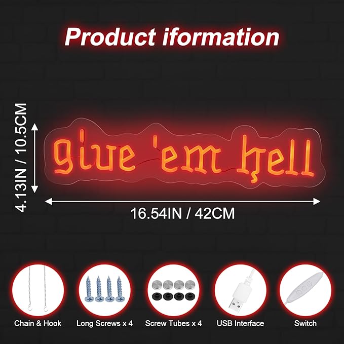 Give Em Hell Neon Sign,Trendy Neon Wall Decor, Dorm Apartment Theme, Funny Girl Power Sign, Gothic Home Decor for Man Cave, Bar,Game Room,Club Decor,Living Room Birthday Party