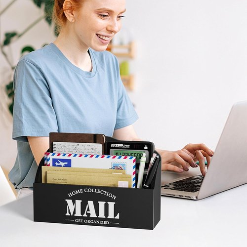 Mail Organizer | Skiennix 2-Slot Mail Holder - Stylish Black Wood Desk Sorter for Home Office