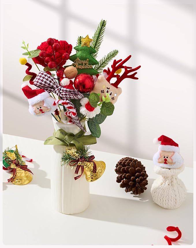 Christmas Crochet Flower Bouquet, Handmade Knitted Flowers with Rose Holly, for Lover Mother Women Family Friends, Lasting Holiday Home Decor