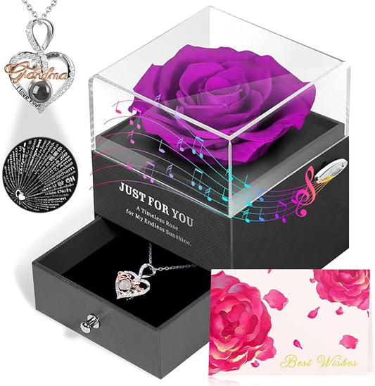 ADDWel Rose Gifts for Grandma Birthday, Unique Preserved Rose Music Box with Silver Grandma Necklace Gift for Grandmother Abuela Nana Gifts from Grandkids, Cute Bday for Grandmas