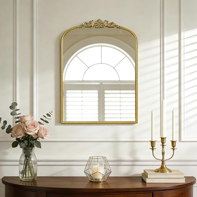 WallBeyond Gold Vintage Mirror for Vanity 22x30 Inch, Gold Antique Mirror with Ornate Frame, Arched Vintage Wall for Bathroom, Living Room, Fireplace, Entryway