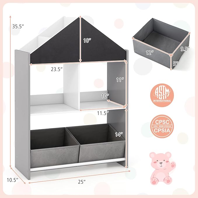 HONEY JOY Toy Storage Organizer, Wooden Dollhouse Bookcase w/Blackboard, Whiteboard, Storage Bins, Toddler Book Shelf, Children Toy Display Chest Cubby, Kids Bookshelf for Playroom Nursery (Gray)