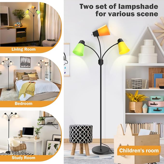 FOLKSMATE 3-Light Floor Lamp, LED Medusa Muiti-Head Adjustable Arc Standing Lamp, Tree Tall Light for Living Room, Kid Room, Bedroom, Black