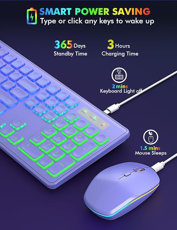 Wireless Keyboard and Mouse Combo, RGB Backlit, Rechargeable & Light Up Letters, Full-Size, Soft Typing, Sleep Mode, 2.4GHz Quiet Keyboard Set for Mac, Windows, Laptop, PC, Trueque (Purple)