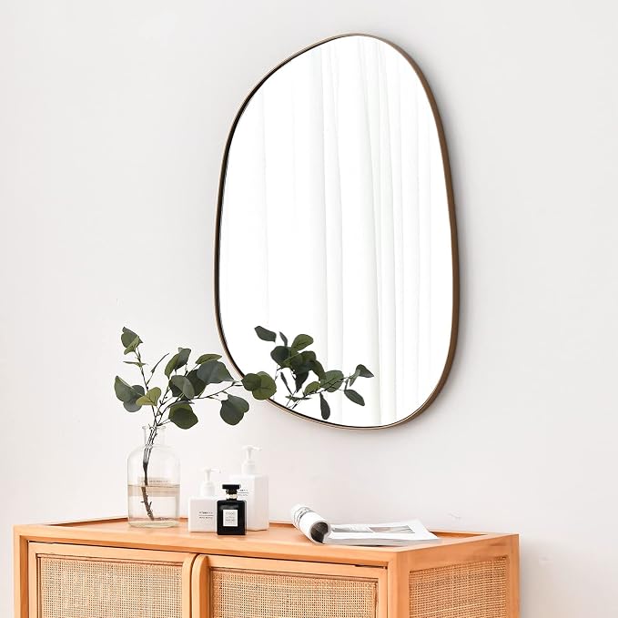 ELEHUME Asymmetrical Mirror for Wall Decor 17.5"*22.5", Modern Brass Framed Wall Mirror for Living Room Bathroom Bedroom Entryway ELE-STOU-0066G