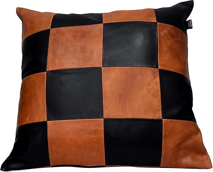 D DOLLY LAMB Lambskin Leather Pillow Cover - Sofa Cushion Case - Decorative Throw Covers for Living Room & Bedroom, 16x16 Inches - Check Camel & Black Pack of 1