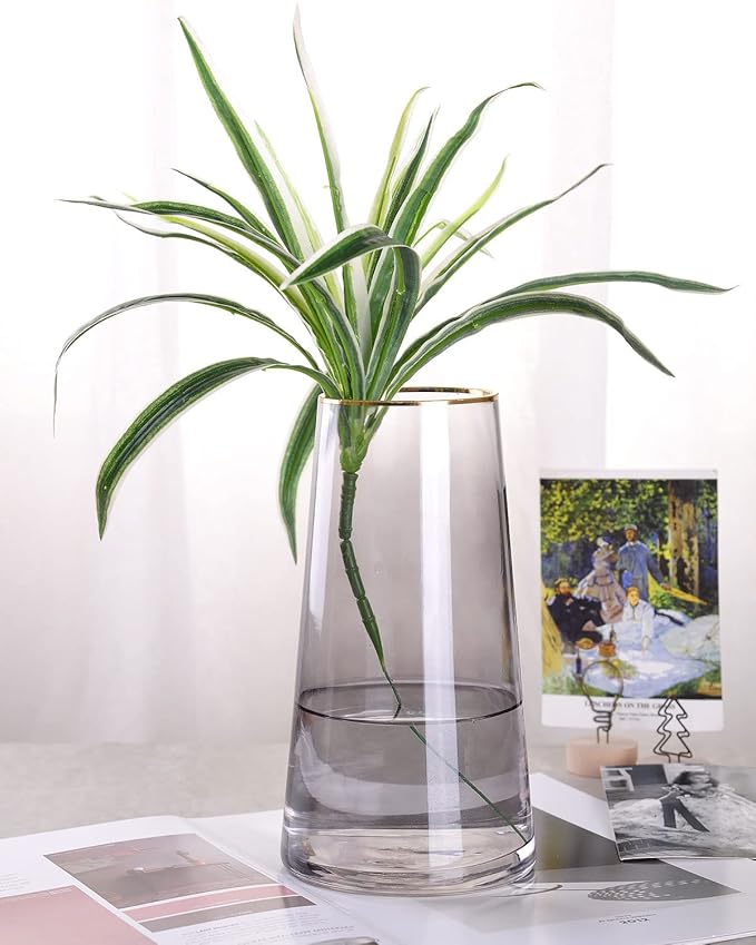 WHJY 9 inch Gray Clear Glass Vase for Table Centerpieces Home Décor, Flower vase Modern Glass Bottles Decorative-Gray