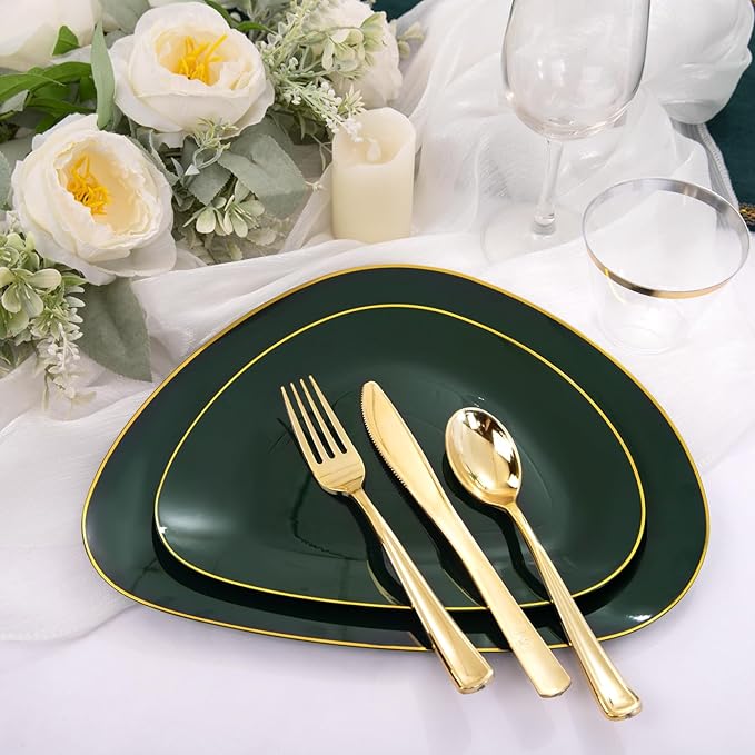DaYammi 180Pcs Green Plastic Plates, Green Gold Disposable Plates with Gold Silverware Dinnerware Set Include: 30 Dinner Plate,30 Dessert Plate,90 Plastic Cutlery,30 Cups for Christmas Party Holiday