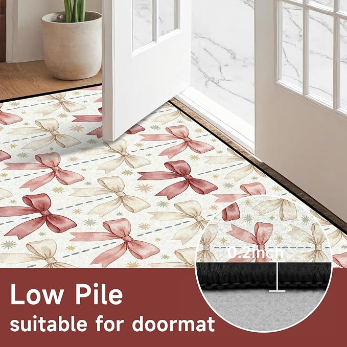 Pink Bowknot Area Rug 4'x6' Watercolor Coquette Aesthetic Non-Slip Washable Carpet for Bedroom Living Room Nursery Kitchen Playroom Home Decor Soft Low Pile Floor Mat