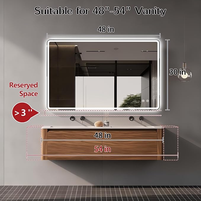 Niccy 30"x48" LED Bathroom Mirror, Rectangle Vanity Mirrors with Lights, Frontlit & Backlit Lighted Vanity Mirror, Memory Funtion, 3 Colors & Stepless Dimmable, Anti-Fog, Horizontal/Vertical