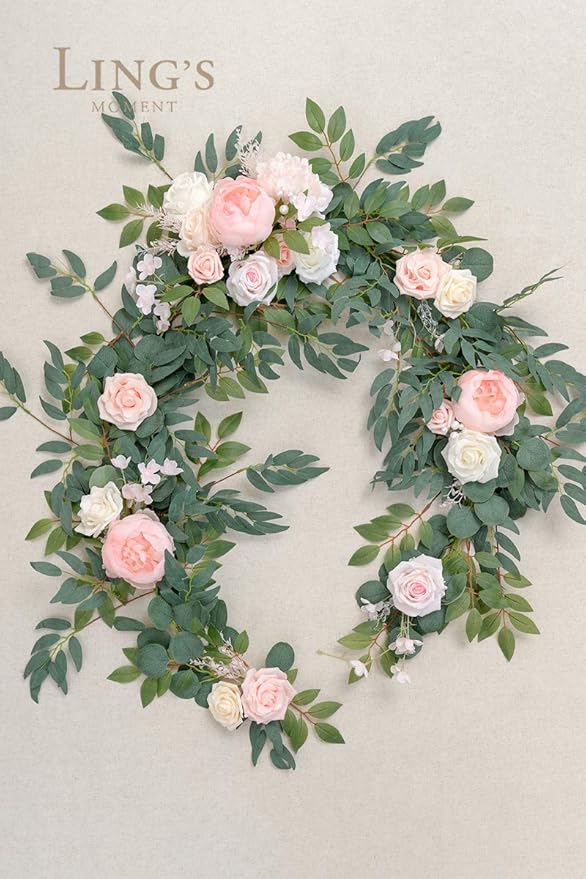 Ling's moment Arch Flower Garland - 6FT Eucalyptus & Rose - Sweetheart Table Decor for Wedding Reception, Artificial Floral Garland for Mantle, Thanksgiving, Christmas Decoration, Blush Pink & Cream