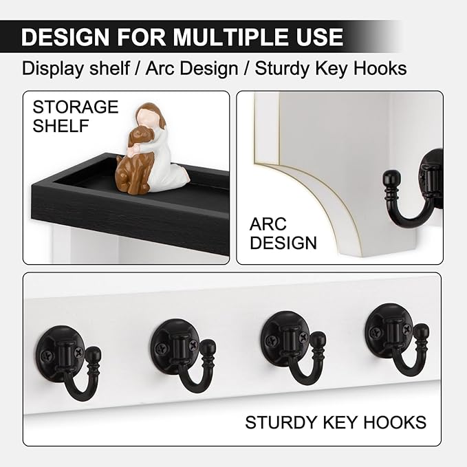 Lucundm Key and Mail Holder Wall Mount, Key Holder with Shelf and Mail Organizer Wall Mount. Mail Holder with 5 Hooks for Coat, Dog Leash, Home Decor Rack, Entry Way Organizer (Black & White)