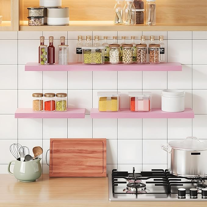 SAUMONIERES Floating Wall Shelves for Bedroom Bathroom Wall Mounted Solid Wood Shelf 24 Inch Set of 3, Pink Floating Shelves