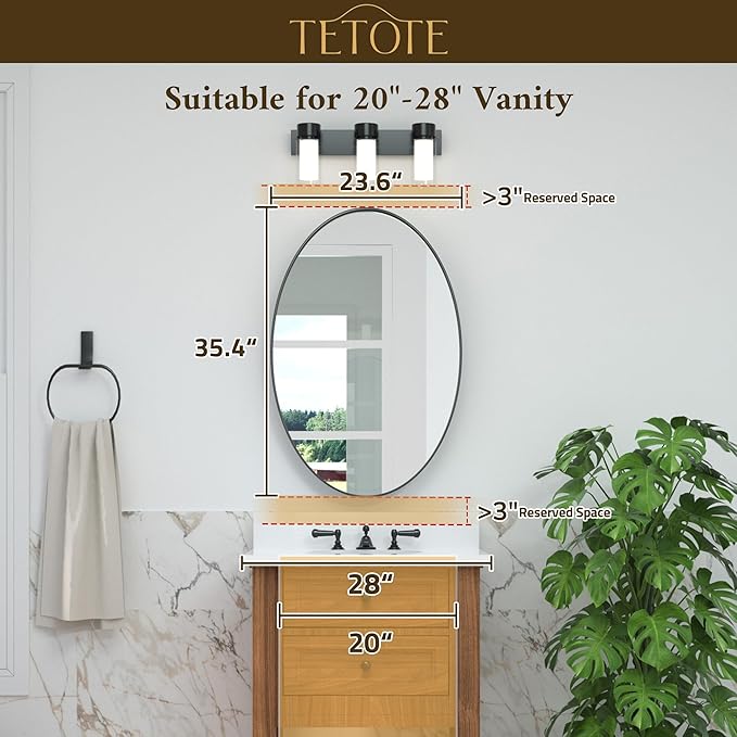 TETOTE Black Oval Bathroom Mirror, 24 x 36 Matte Black Framed Wall Mounted Mirror for Vanity, Modern Decorative Shatterproof Oval Wall Mirrors for Entryway, Living Room, Bedroom