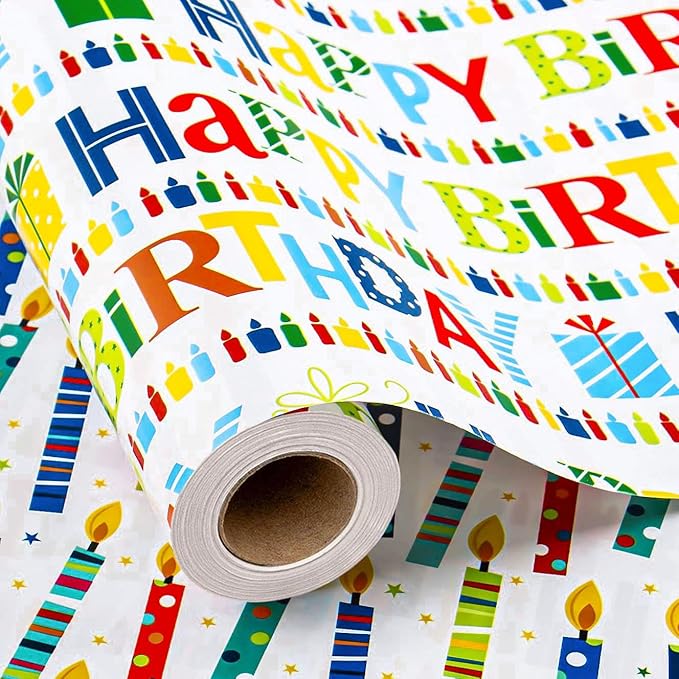 Homeral Birthday Wrapping Paper Roll - Colorful Happy Birthday Lettering & Candles, Reversible Design for Baby Shower, Party - Mini Roll - 17 Inch x 33 Feet
