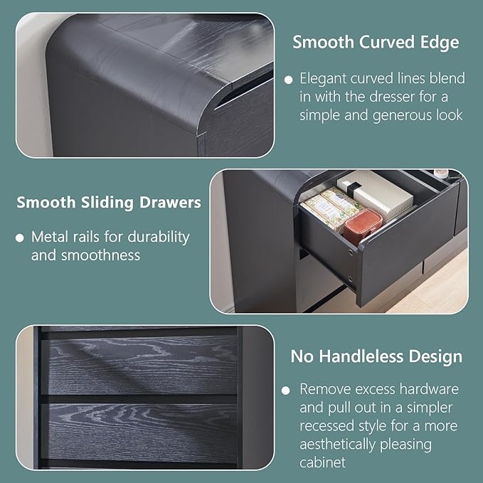 Modern 8 Drawers Dresser for Bedroom, 55" Wide Dressers & Chest of Drawers w/Curved Profile Design, Wood Mid Century Storage Dressers Organizer for Bedroom, Living Room, Black