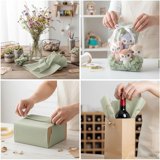 Qilery 500 Sheets Sage Green Tissue Paper Bulk 15 x 20 Inch Acid Free Christmas Wedding Flower Wrapping Packing Paper Sheets for Crafts, Gift, Arts Flower, Baby Shower Birthday Party Favor Decoration
