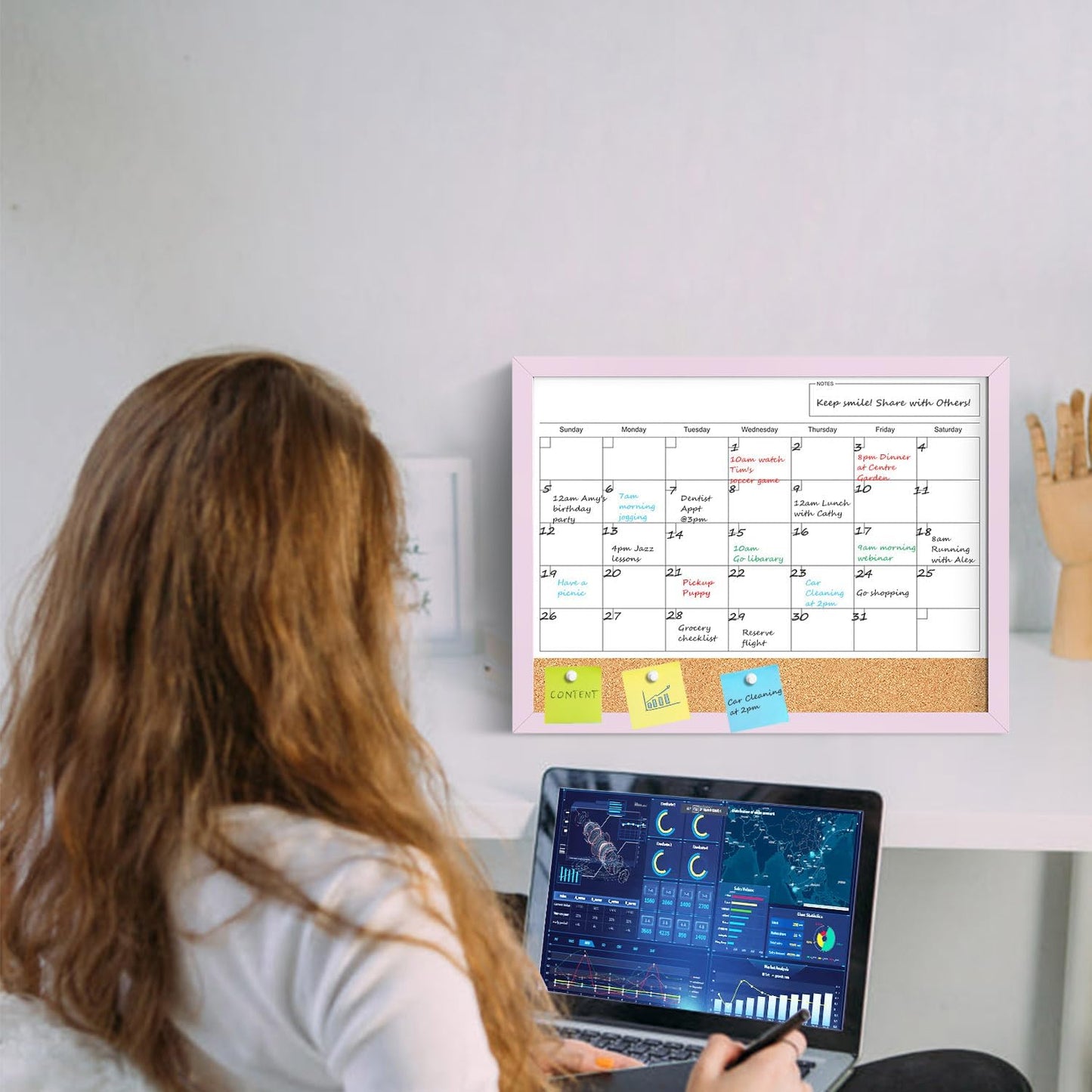 Skiennix Dry Erase Calendar Cork Board Combo - 17x13 Inch Magnetic Whiteboard with Pink Frame for Home & Office Planning