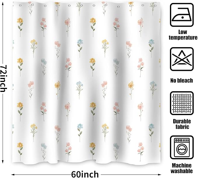 Floral Shower Curtain, Wildflower Botanical Plant Leaves Cute Flower Spring Herbs Elegant Waterproof Fabric Machine Washable for Bathroom Bathtub Decor with Hooks 60Wx72H