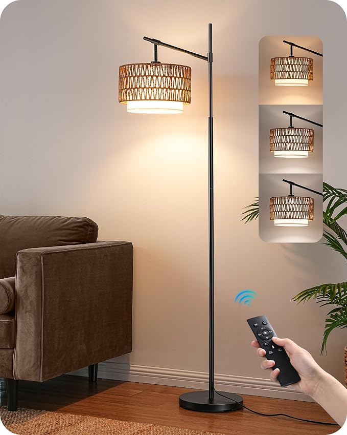 EDISHINE Rattan Floor Lamp with Dimmable Bulb, 5 Color Temperatures, Adjustable Farmhouse Standing Lamp with Remote, Black Floor Lamps for Living Room, Office, Bedroom