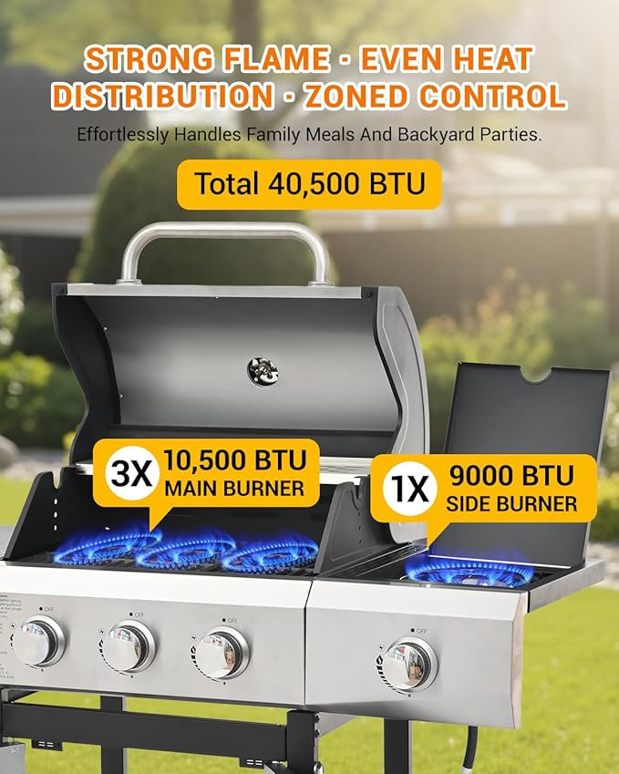 EUHOME 40,500 BTU 3-Burner Propane Gas Grill with Side Burner,Stainless Steel Outdoor BBQ Grill Portable with Wheels and Cast Iron Grates for Patio Garden Barbecue Cooking