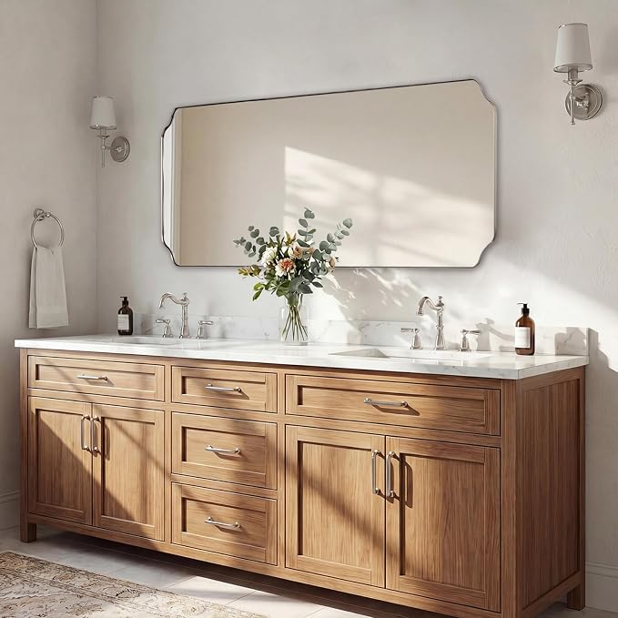 ANDY STAR 24x48 Inch Bathroom Mirror, Brushed Nickel Rectangle Mirror, Scalloped Mirror for Bathroom Sink, Rust-Poof Stainless Steel Thin Frame, Rounded Notched Corners Design