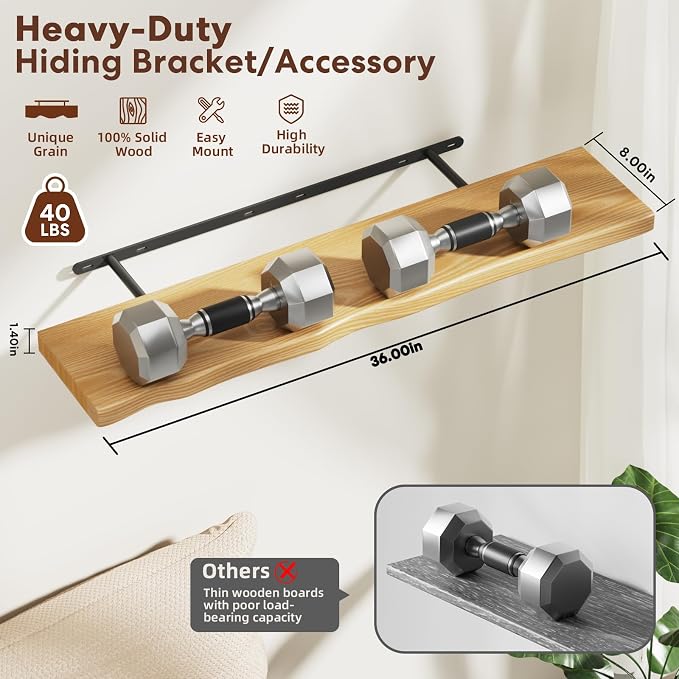 Solid Wood Live Edge Floating Shelves Set of 2 – 36" Rustic Wall Shelf with Hidden Bracket System, Wall Mounted Shelves for Bathroom, Kitchen, Living Room, Bedroom (Natural)
