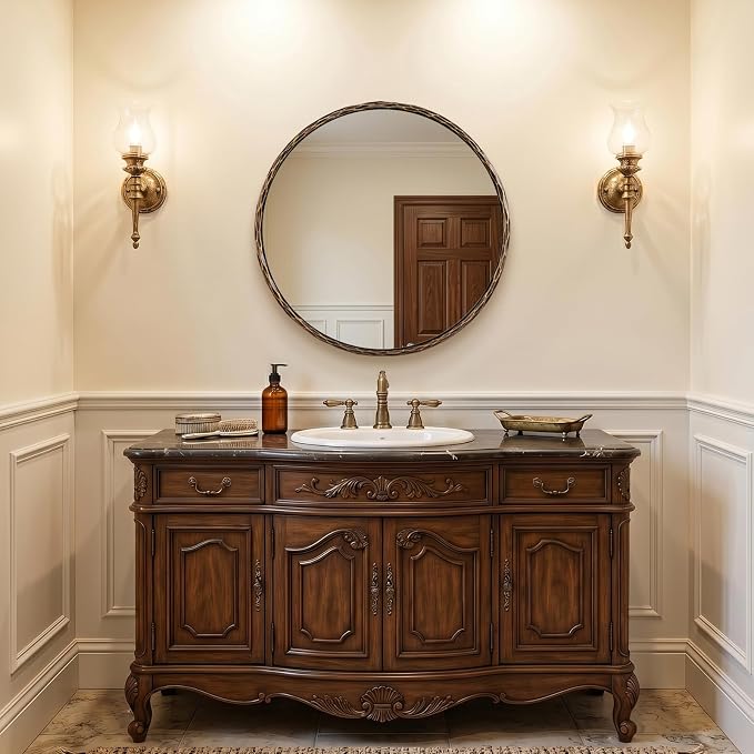 ANDY STAR Hand-Forged Round Bathroom Mirror, 28 Inch Antique Oil Rubbed Bronze Hammered Circular Mirror, for Wall Decor, Entryway, Bedroom, Fireplace, Solid Steel Frame