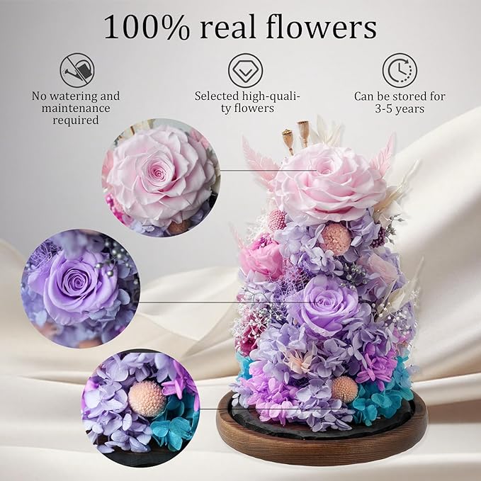 Flowers for Delivery - Forever Flowers Rose in Glass Dome with LED Lights, Large Size Preserved Roses Gifts for Women, Mom, Wife, Friend -Birthday, Anniversary, Valentine's Day Gift (Pink + Purple)