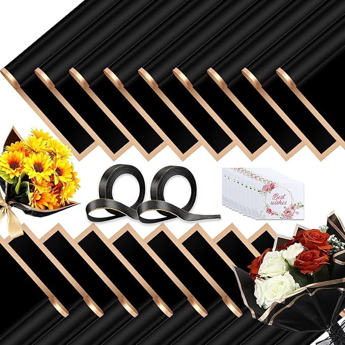 Luerbi 40 Sheets Black Flower Wrapping Paper, Gold Edge Waterproof Floral Wrapping Paper, 22.8x22.8 inch Bouquet Paper Wrap with 2 Rolls Ribbon for Wedding Birthday Gift DIY Crafts Florist Supplies