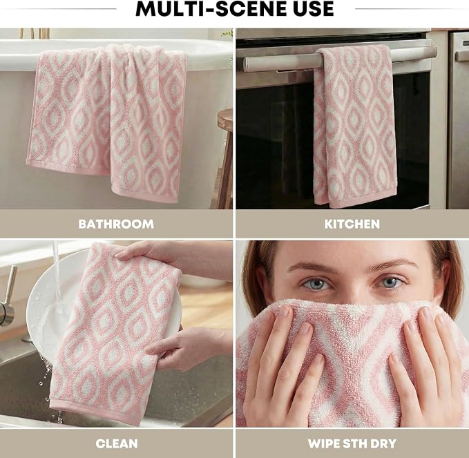 Artoid Mode 2 Pcs Beige Pink Diamond Grid Jacquard Hand Towels for Bathroom, 100% Cotton Soft Absorbent Bathroom Decor Towels, 13.7 x 29.5 Inch