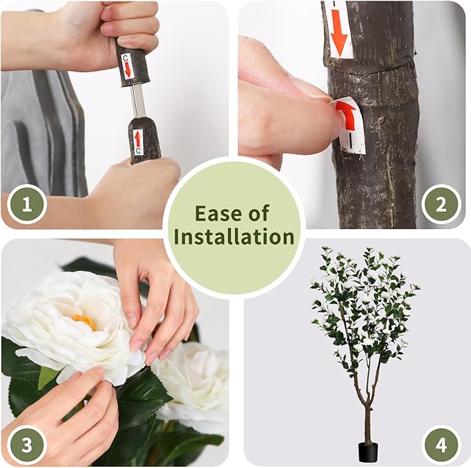 6.6ft Tall Camellia Artificial Tree, Handmade Faux Floral Camellia Tree, Pink White Blooming Flowers & Green Leaves, Artificial Plants for Home Front Door Decor Indoor Outdoor Party Wedding
