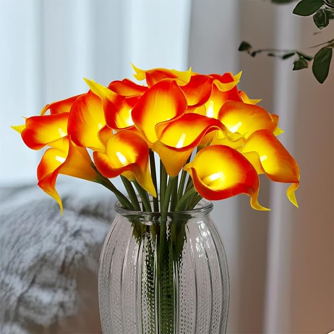 20pcs Lighted Artificial Calla Lily Bouquet Lamp Faux Floarl Night Light Real Touch Flower Night Lamp LED Calla Lily Artificial Flower Light for Christmas Gifts Home Kitchen Decor(Orange)
