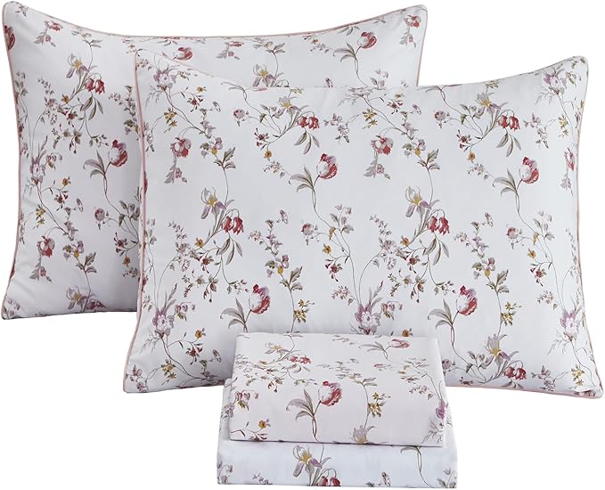 FADFAY Floral Sheets Set Twin XL Rustic Pink Floral College Bedding Ditsy Botanical Dorm Sheets Vintage Branches Bedding 100% Egyptian Cotton Sets with Deep Pocket Fitted Sheet 4Pcs, Twin XL Size