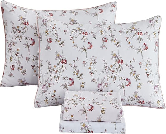 FADFAY Floral Sheets Set Twin XL Rustic Pink Floral College Bedding Ditsy Botanical Dorm Sheets Vintage Branches Bedding 100% Egyptian Cotton Sets with Deep Pocket Fitted Sheet 4Pcs, Twin XL Size