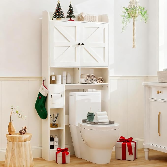 Vipbear Over The Toilet Storage Cabinet, 32.3” W Farmhouse Bathroom Storage Cabinet Above Toilet with Toilet Paper Holder and Barn Doors, Freestanding Restroom Organizer Space Saving Rack, White