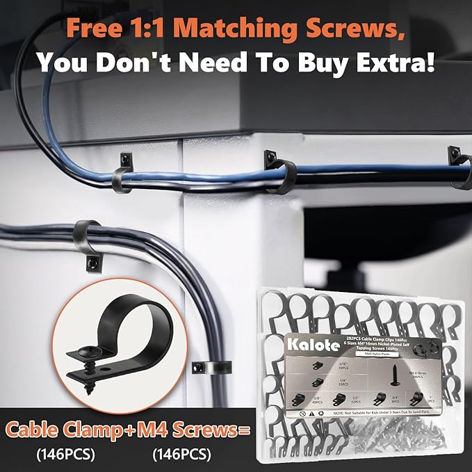 Cable Clamps, 292PCS Cable Clips for Management Cord Organizer, 6 Sizes-3/16'' 1/4'' 3/8'' 1/2'' 3/4'' 1'' Black PA66 Nylon R-Type Plastic Screw Mounting Cord Clamp Assortment Kit with M4 Screws