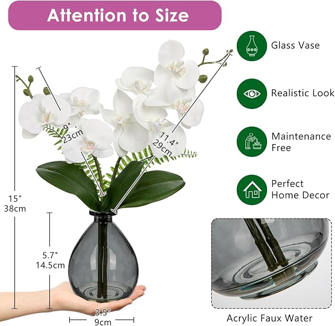 Oairse White Orchids Artificial Flowers, Faux Orchid in Glass Vase Real Touch Small Phalaenopsis Orchid Flowers Arrangements with Black Vase Orchids Centerpiece for Dining Room Table