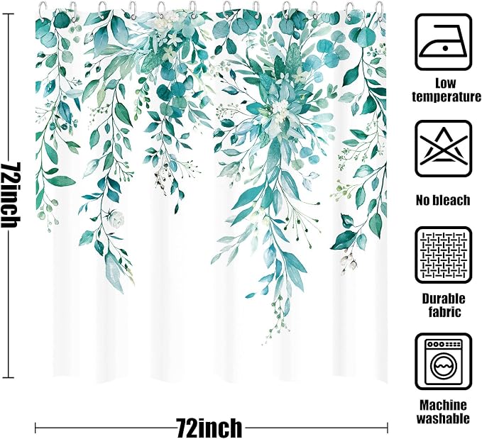 Teal Eucalyptus Shower Curtain Watercolor Floral Plant Leaf Shower Curtains for Bathroom Botanical Flower Waterproof Fabric Bath Curtain Decor with Hooks (Teal, 72'' x 72'')