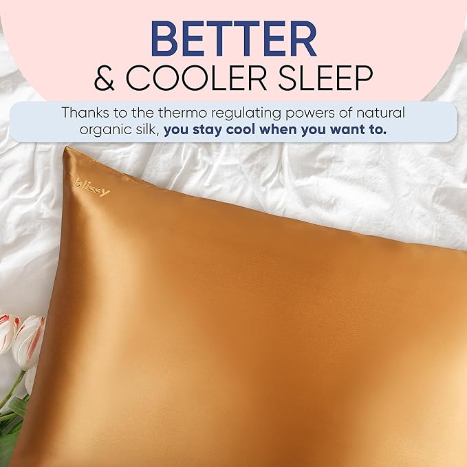 Blissy Silk Pillowcase - 100% Pure Mulberry Silk - 22 Momme 6A High-Grade Fibers - Silk Pillow Cover for Hair & Skin - Regular, Queen & King (Gold, Queen)