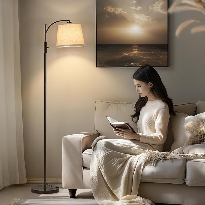 AIDENOEY Fully Dimmable Floor Lamp for Living Room，Standing Lamp Rotary Switch with Linen Beige Shade，Brown Tall Lamps for Bedroom with Adjust Head，9W LED Bulb Included