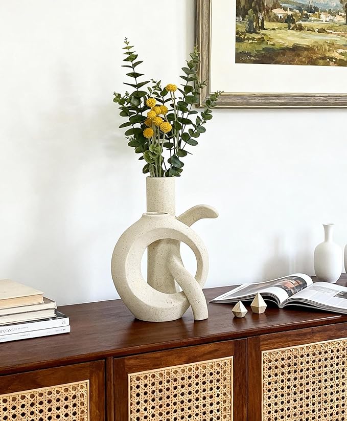 White Ceramic Unique OK Vase Set of 2, Cute Pampas Grass Funky Vase, Modern Boho Aesthetic Decorative Vase for Home Decor (White 1)