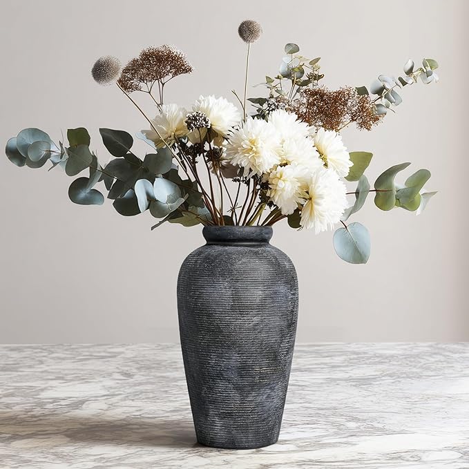 Rustic Vase, 11 inch Large Terracotta Flower Vase, Farmhouse Ceramic Pottery, Distressed Farmhouse Decor for Living Room, Shelf, Entryway, Room Decor, Black Bronze