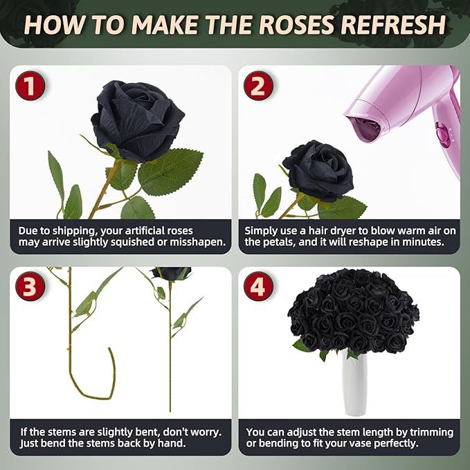 Black Roses Artificial Flowers 10 Pack in Bulk, Black Fake Roses Flowers Realistic Roses for Halloween Gothic Wedding Home Party Decoration Event Gift