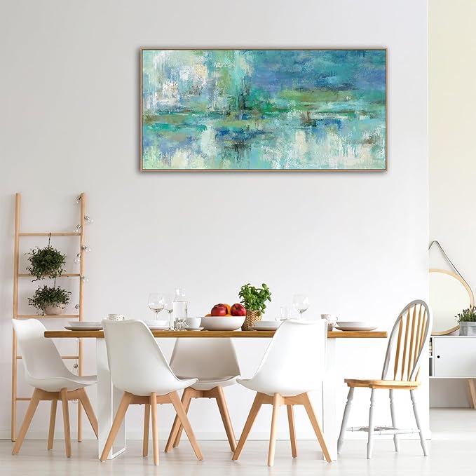 VEAEE Teal Framed Abstract Wall Art - Turquoise Green Colorful Modern Canvas Pictures, Living Room Wall Decor, Contemporary Landscape Painting Prints for Bedroom Bathroom Office Decor 20" x 40"