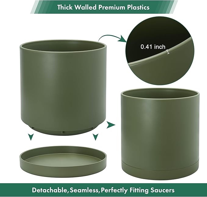 D'vine Dev 16 Inch Plastic Planter Pots for Plant Pot with Drainage Hole and Seamless Saucers, Olive, 74-X-I-5