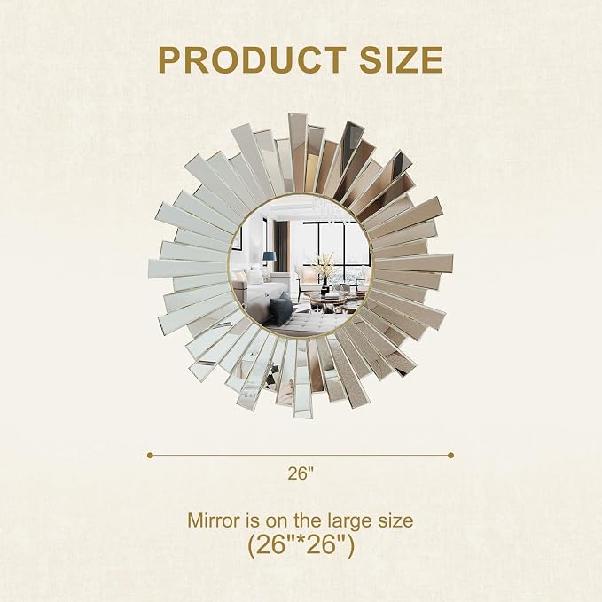 CozyDH Large Round Gold Sunburst Mirror - 26"x26" Starburst Mirror for Wall Decorative Glass Frame Boho Sun Mirrors Wall Art for Entryway Bedroom Living Room Hallway Bathroom Dining Room