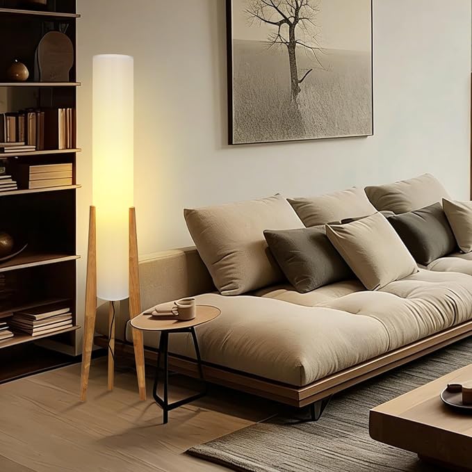 Wabi-sabi 50" Wooden Tripod Floor Lamp Linen Floor Lamp Paper Lantern Inspired Fabric Standing Lamp With E26 3-Color Temperatures Solid Wood Tall Light For Living Room Bedroom (Includes Bulb)